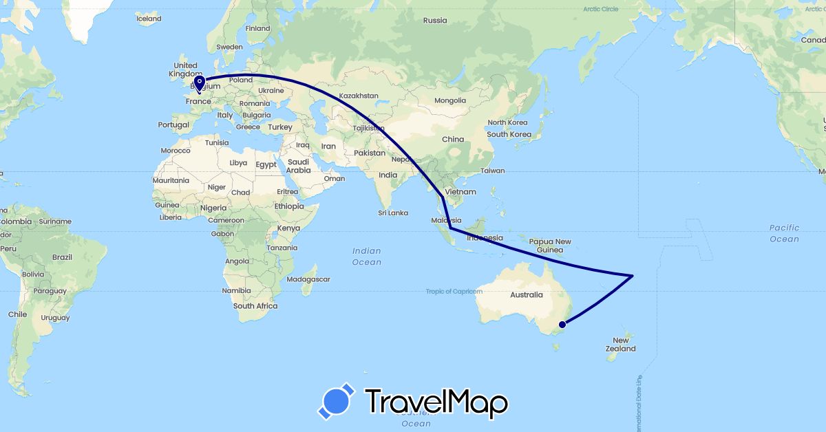TravelMap itinerary: driving in Australia, Fiji, France, United Kingdom, Singapore, Thailand (Asia, Europe, Oceania)